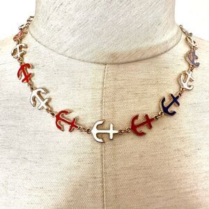 Red white and blue gold tone anchor necklace
